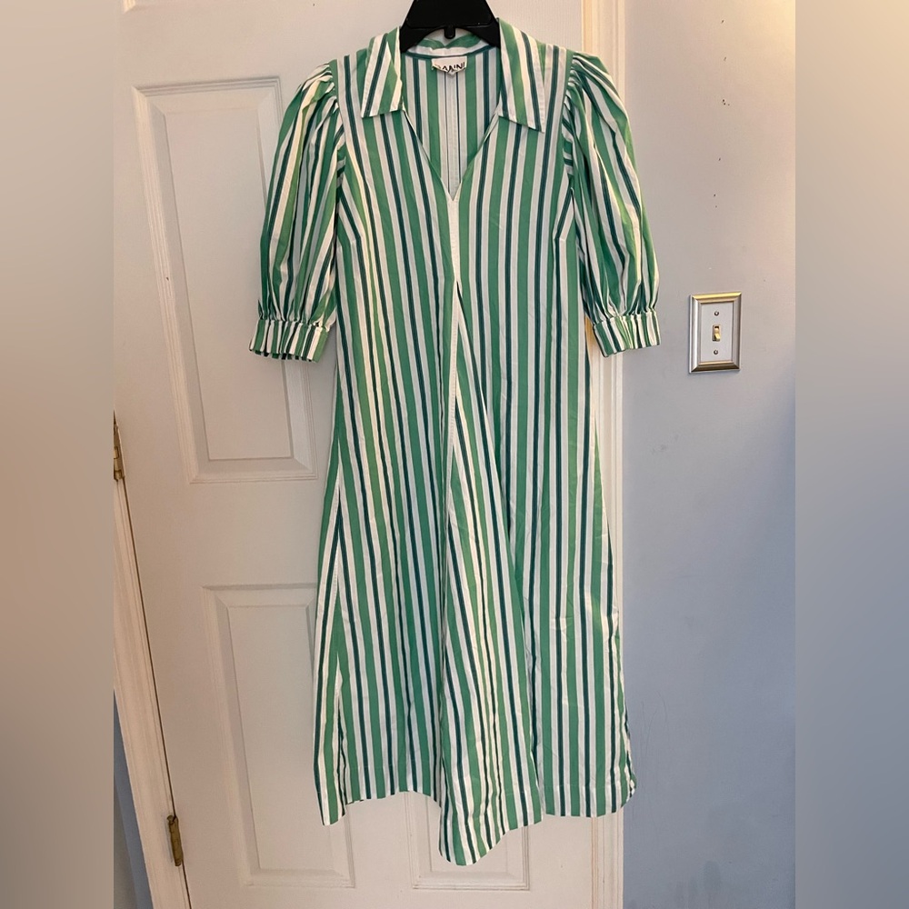 Ganni Green and White Striped Midi Dress